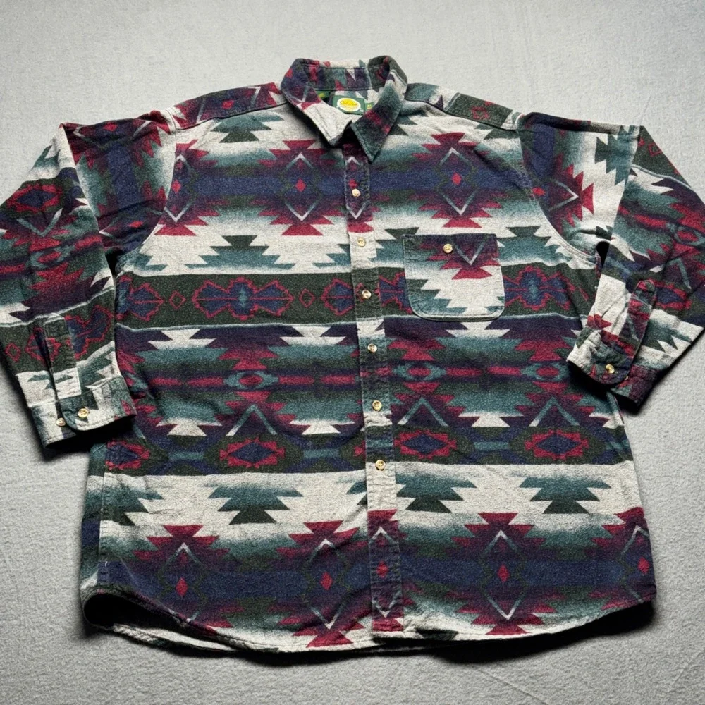 Cabelas Vintage Aztec Flannel Shirt Mens 2XL Tall Southwestern Made in USA 8235 - Picture 1 of 9